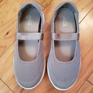 Gray Mary Jane "style" Shoe with Ribbon over foot